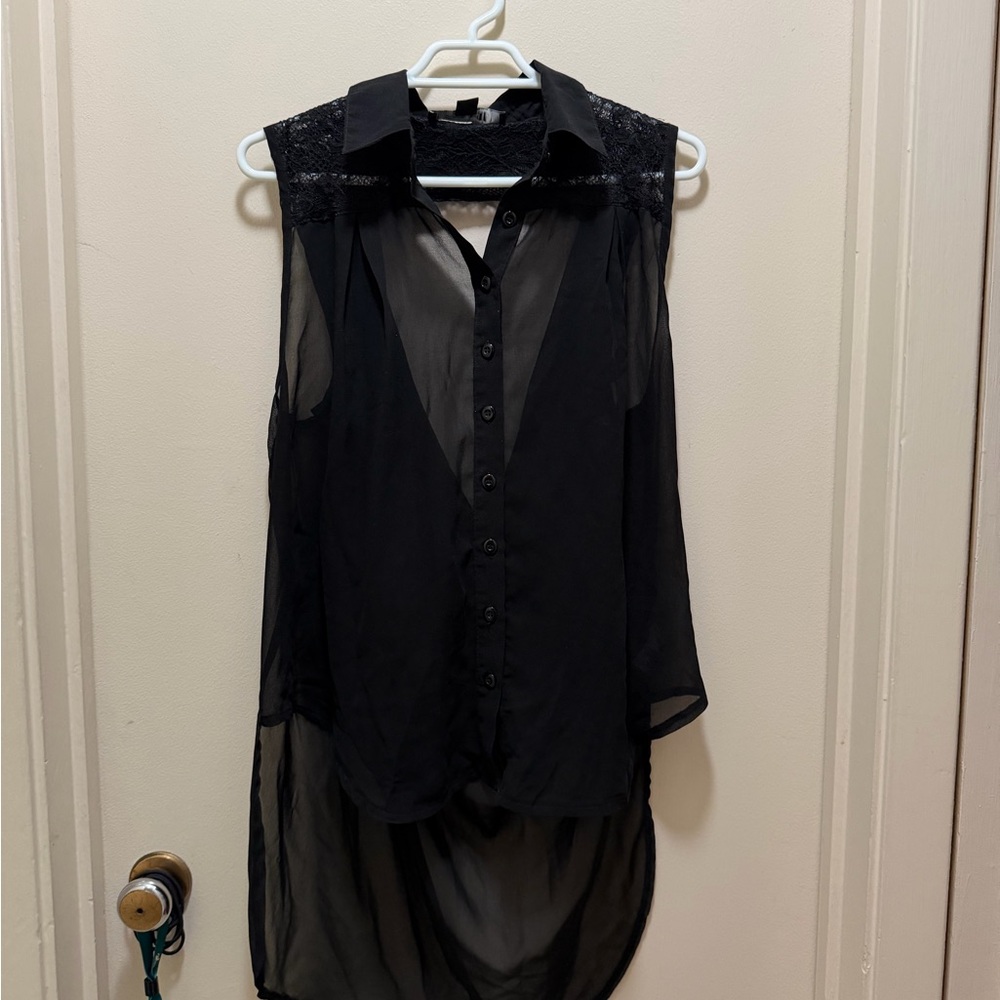 Black Sheer Lace-Shoulder Sleeveless Blouse